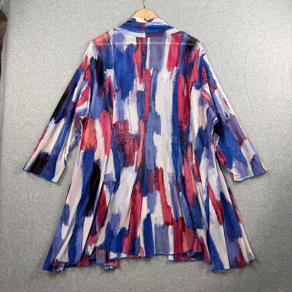 Ali Miles Cardigan Womens 2X Blue Pink Abstract Brushstroke Open Front Mesh - Picture 2 of 8